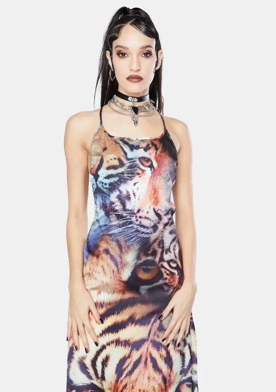 Tiger Print Satin Tie Back Maxi Dress sold by Dolls Kill