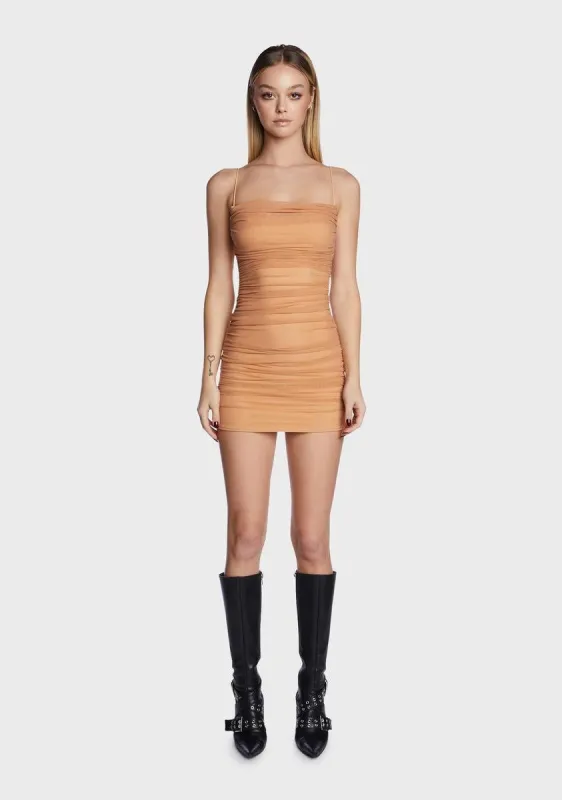 Sand The Countermove Ruched Mini Dress sold by Dolls Kill