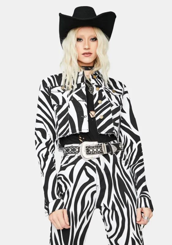 Free To Roam Zebra Print Denim Jacket sold by Dolls Kill