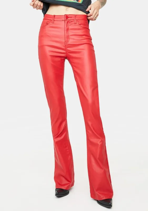 Red Vegan Leather Flare Pants sold by Dolls Kill