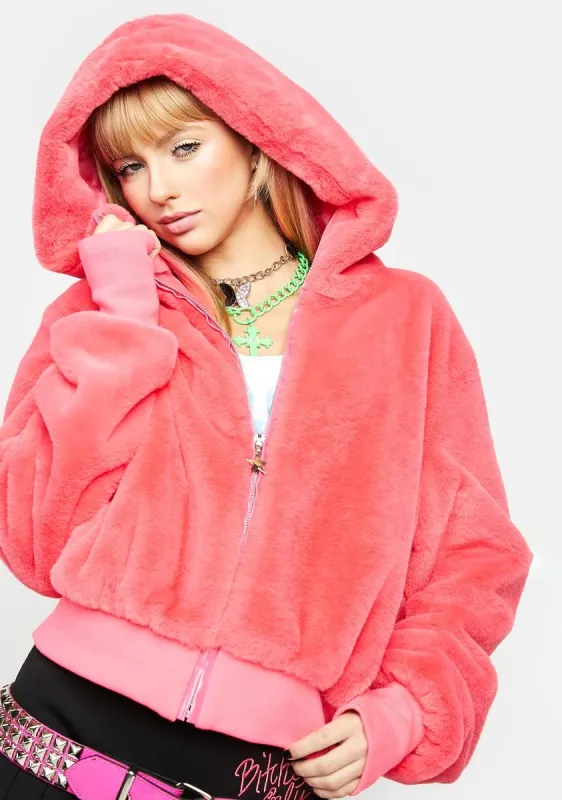 Coral Nightcall Faux Fur Bomber Jacket sold by Dolls Kill