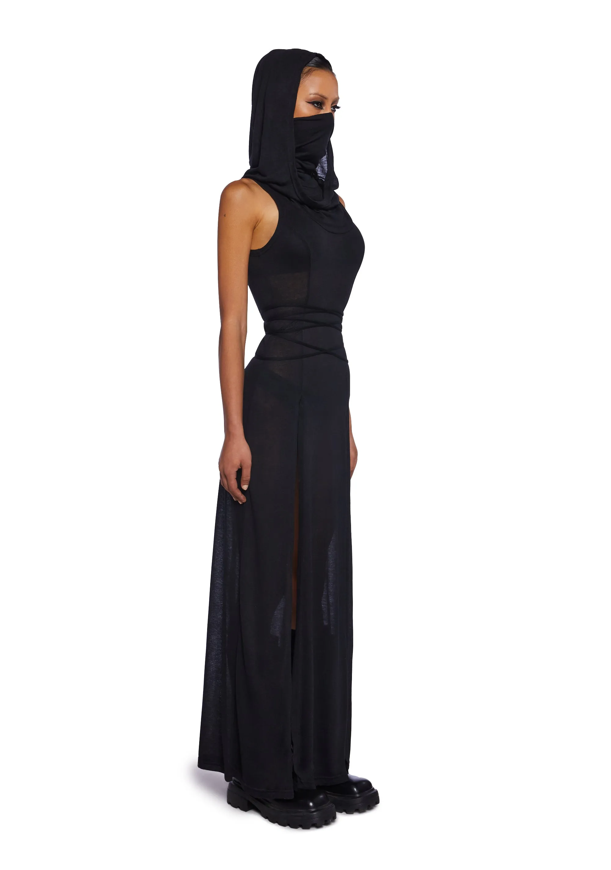 【FLARE UP】 Hooded High Neck Dress /追跡付 Echo Hooded Slit Maxi Dress - Black | Parallel