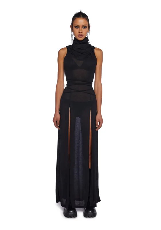 Echo Hooded Slit Maxi Dress - Black made by Dolls Kill