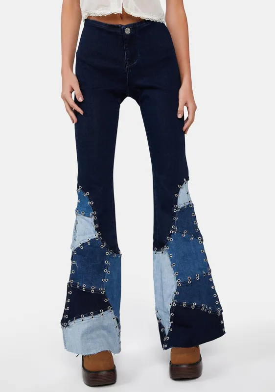 Passport Approved Patchwork Flares sold by Dolls Kill