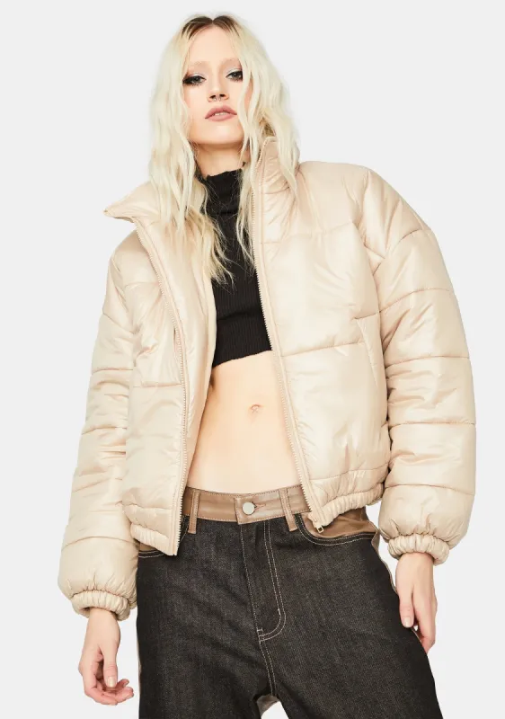Beige Wandering Campus Puffer Jacket sold by Dolls Kill