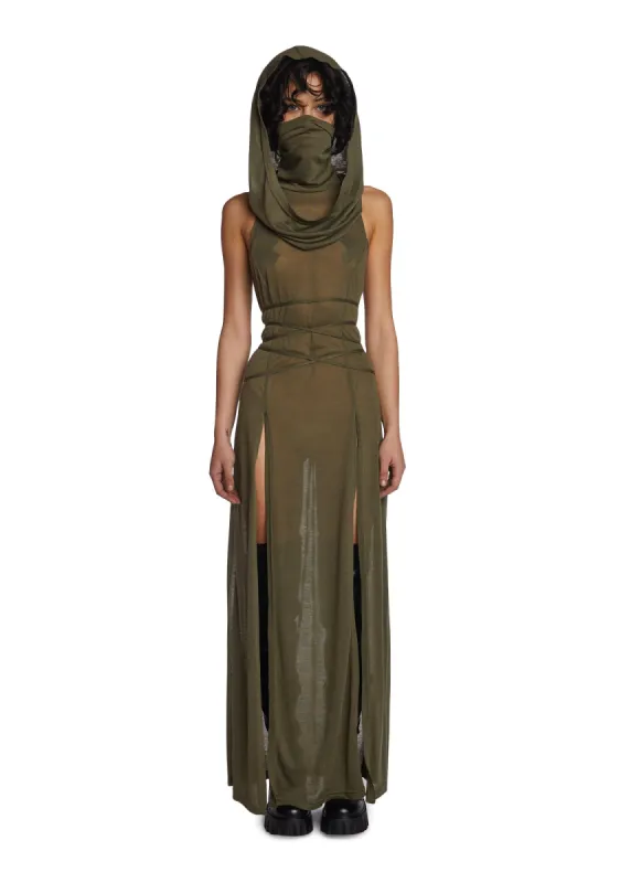 Echo Hooded Slit Maxi Dress - Green sold by Dolls Kill
