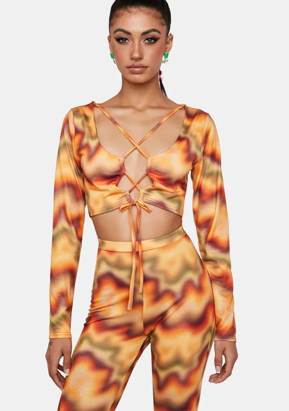Orange Multi Print Lace-Up Crop Top sold by Dolls Kill