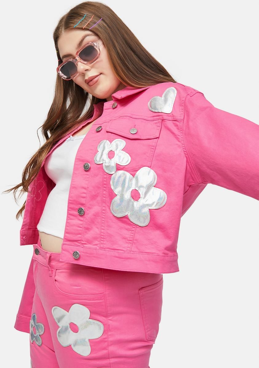 Plus Heart Of Glass Holo Flower Applique Twill Jacket sold by Dolls Kill