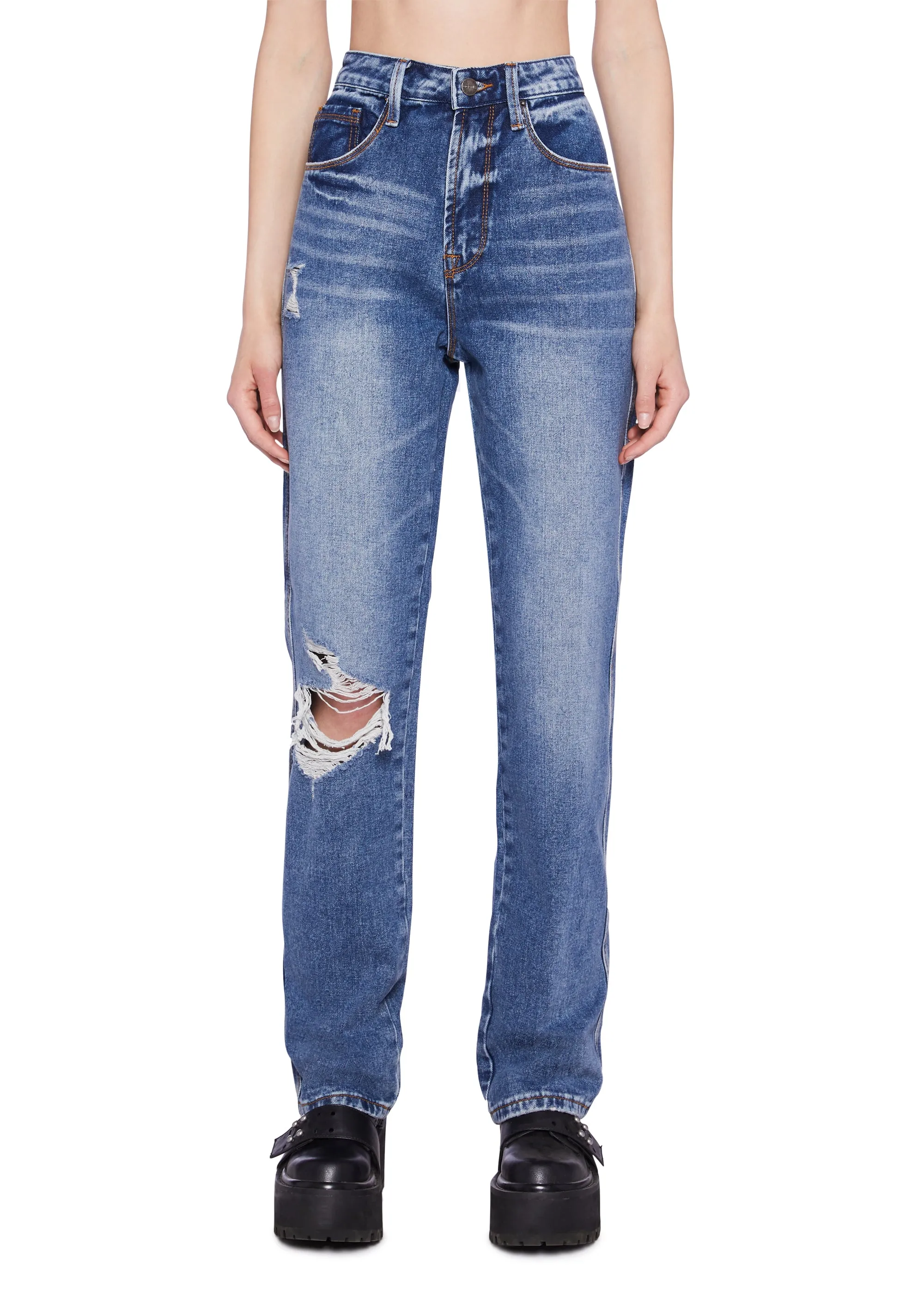 Distressed High Rise Straight Denim Jeans - Blue sold by Dolls Kill