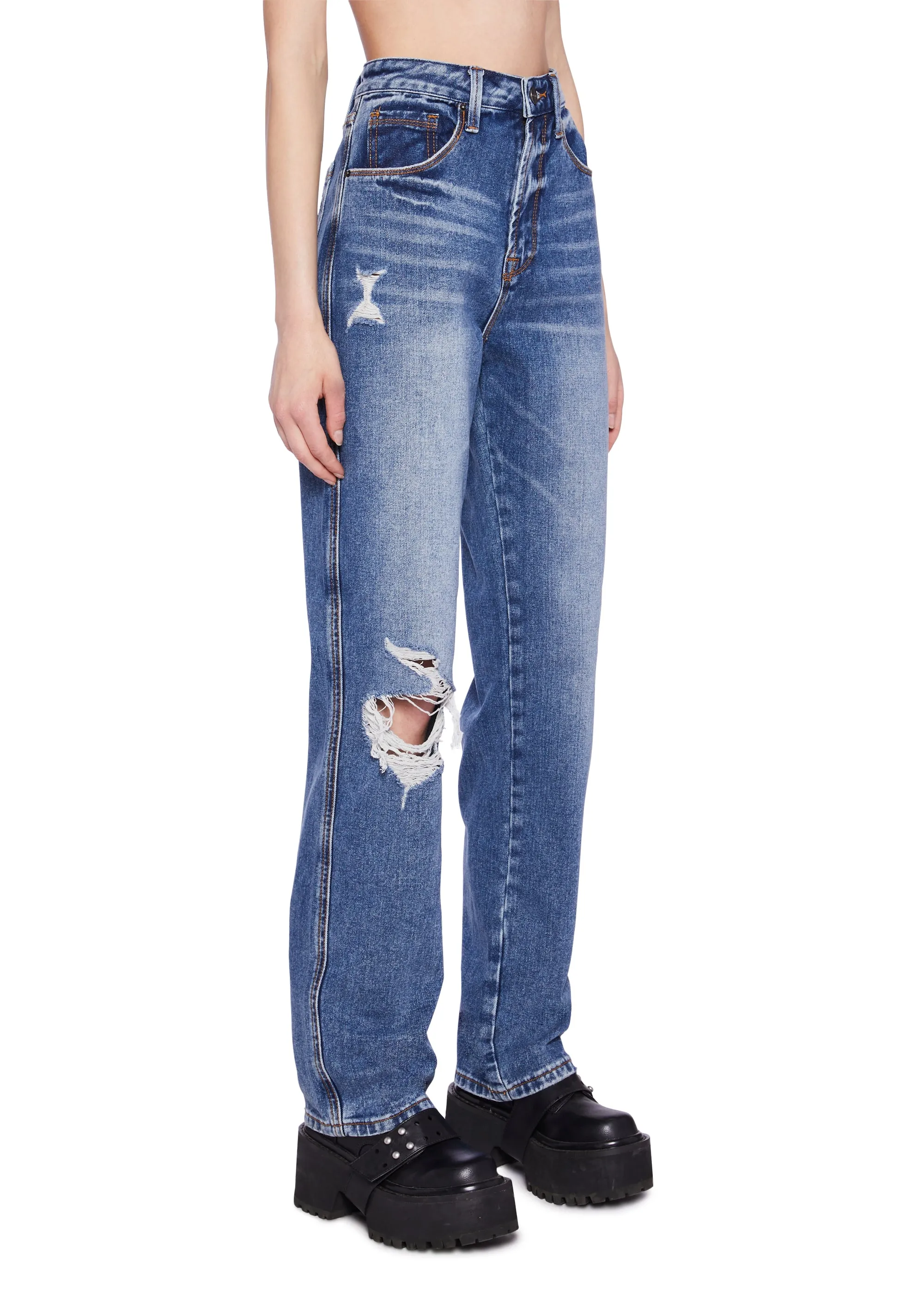 Distressed High Rise Straight Denim Jeans - Blue sold by Dolls Kill product image thumbnail 3