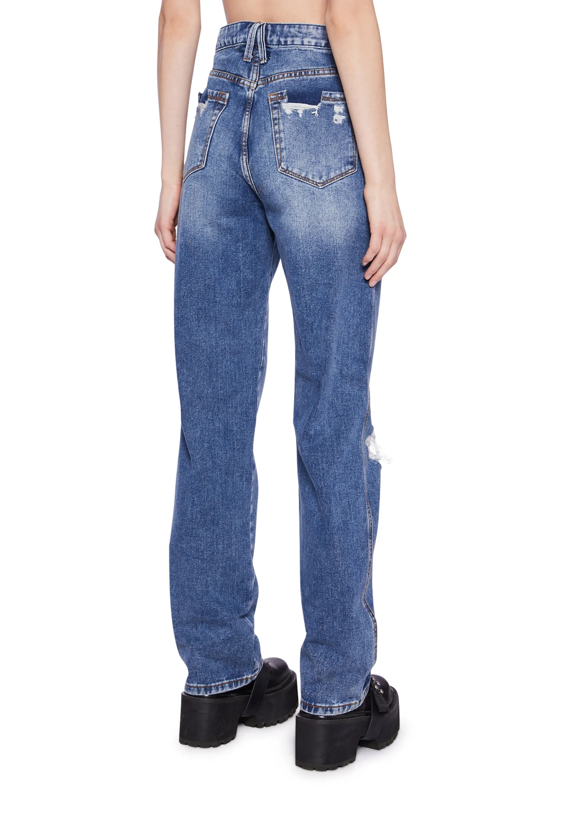 Distressed High Rise Straight Denim Jeans - Blue sold by Dolls Kill product image thumbnail 5