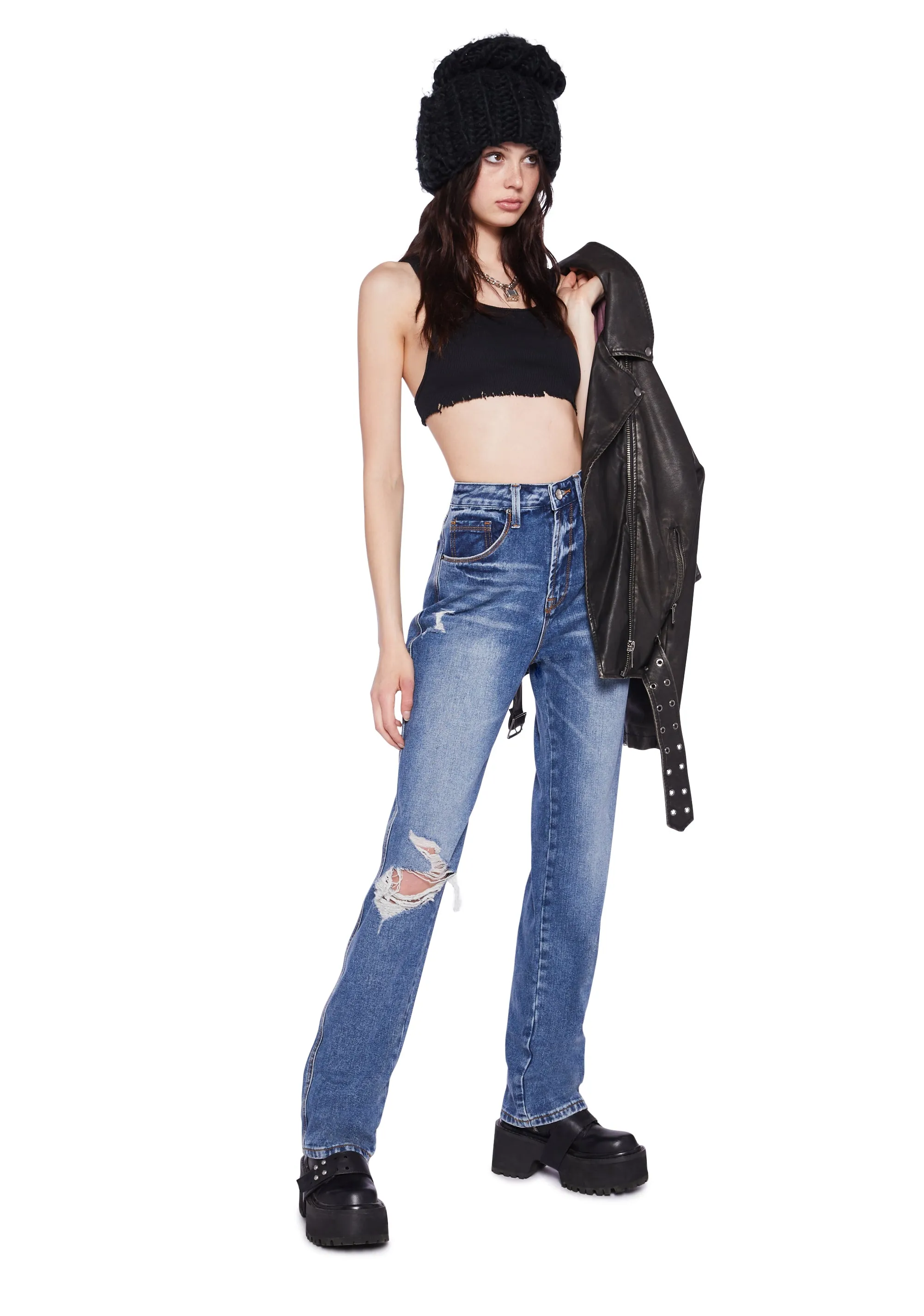 Distressed High Rise Straight Denim Jeans - Blue sold by Dolls Kill product image thumbnail 2
