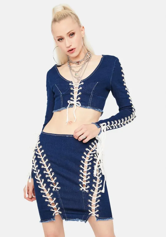 Celebrity Star Lace Up Denim Skirt Set sold by Dolls Kill
