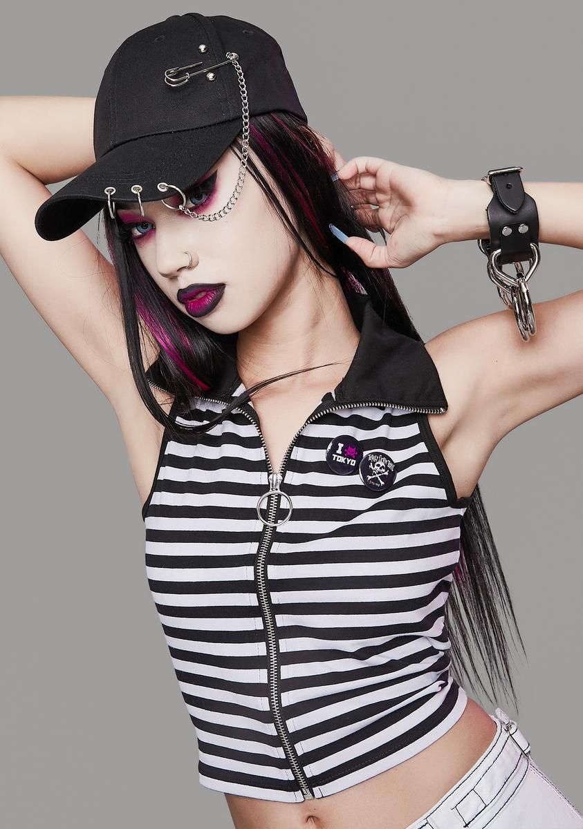Down And Out Striped Zip-Up Top sold by Dolls Kill