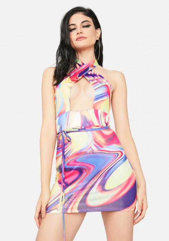 Psychedelic Sunrise Mini Halter Dress sold by Dolls Kill