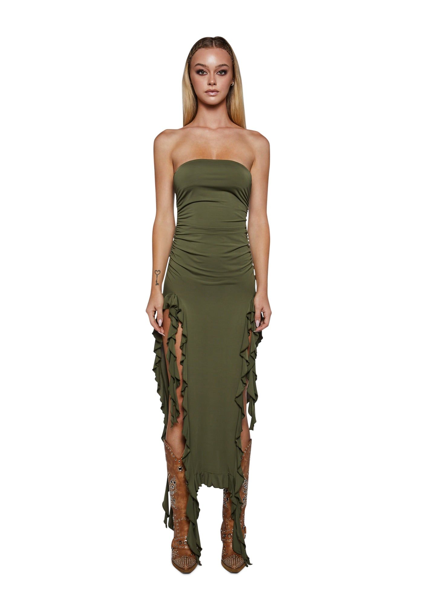Rendezvous Strapless Dress - Olive sold by Dolls Kill