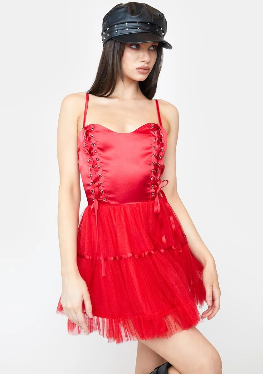 Cherry Ooh La La Lace Up Mini Dress sold by Dolls Kill