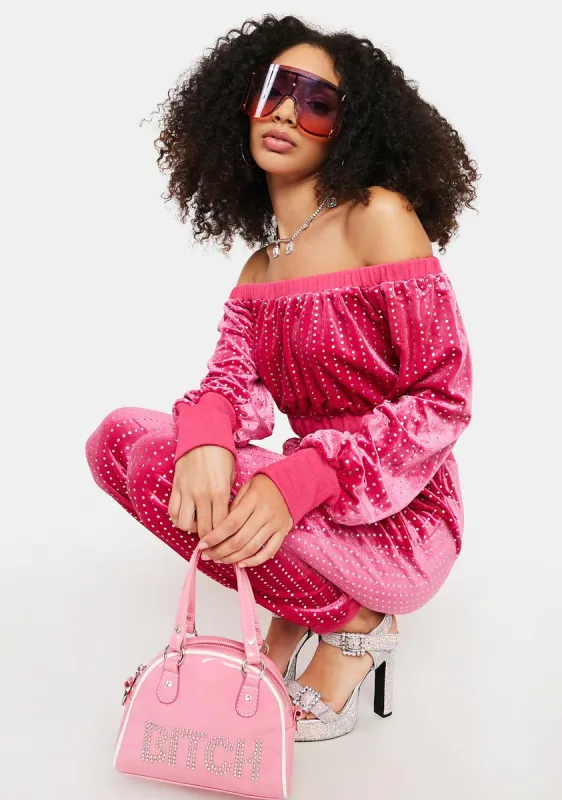 Such A Fan Rhinestone Velour Pants Set sold by Dolls Kill