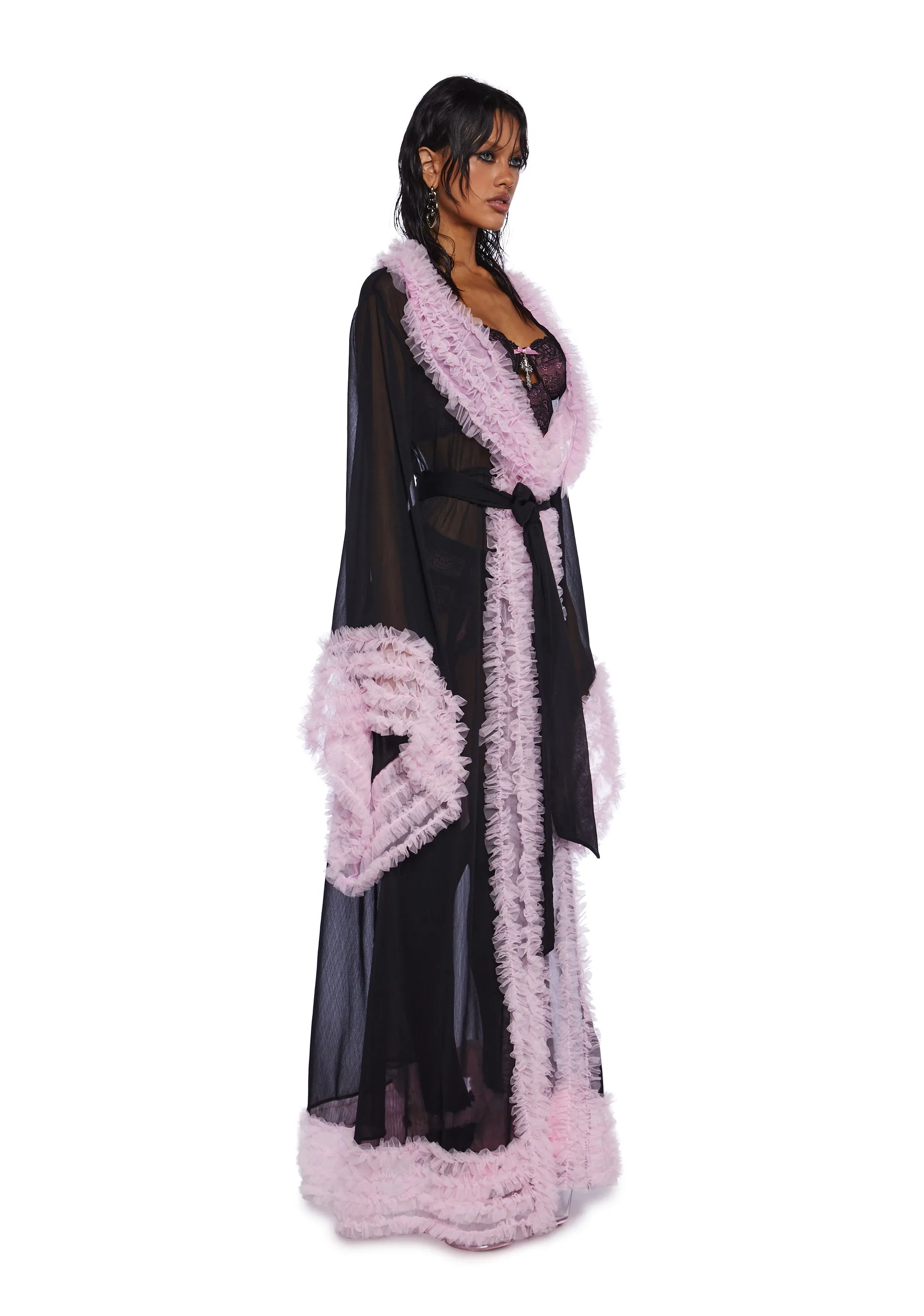 Delightfully Demure Sheer Robe - Black/Pink sold by Dolls Kill product image thumbnail 3