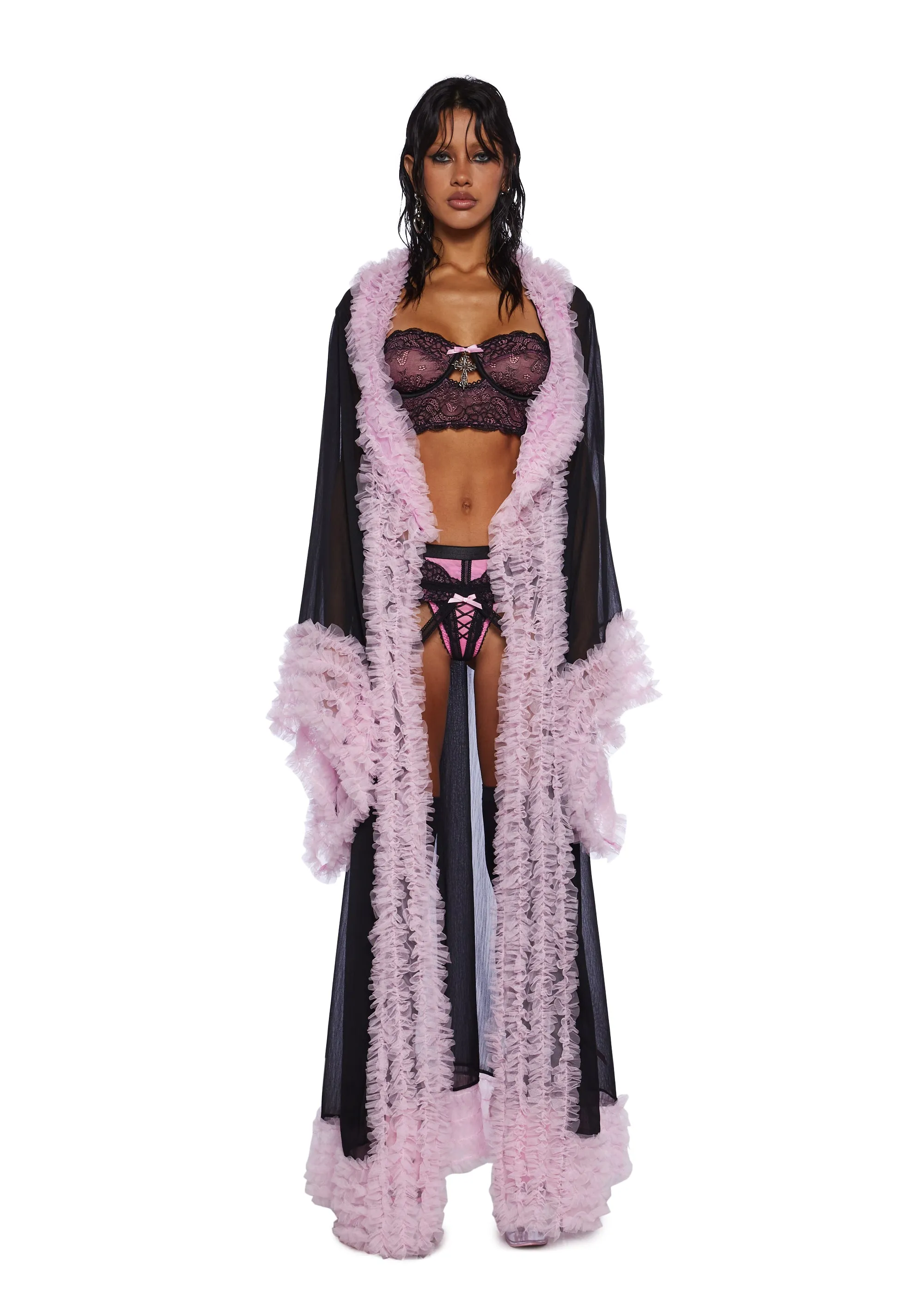 Delightfully Demure Sheer Robe - Black/Pink sold by Dolls Kill