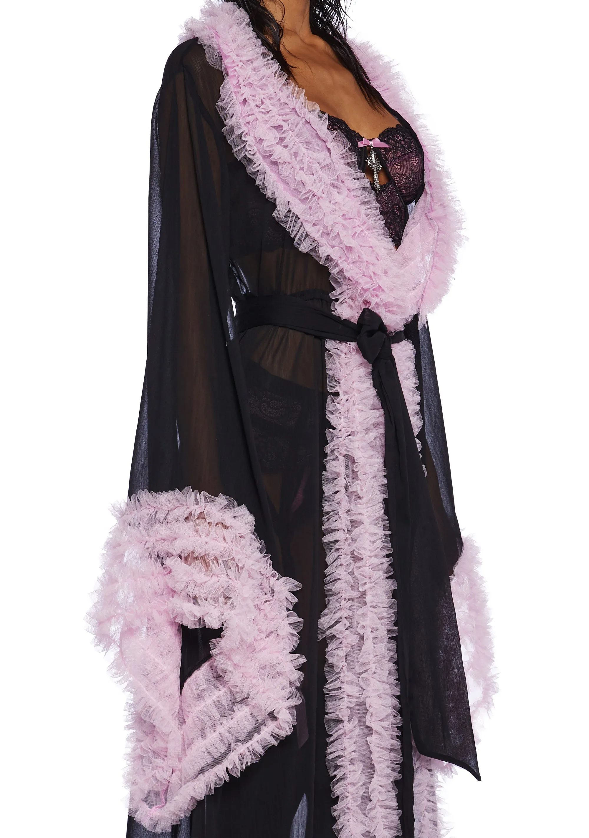 Delightfully Demure Sheer Robe - Black/Pink sold by Dolls Kill product image thumbnail 2