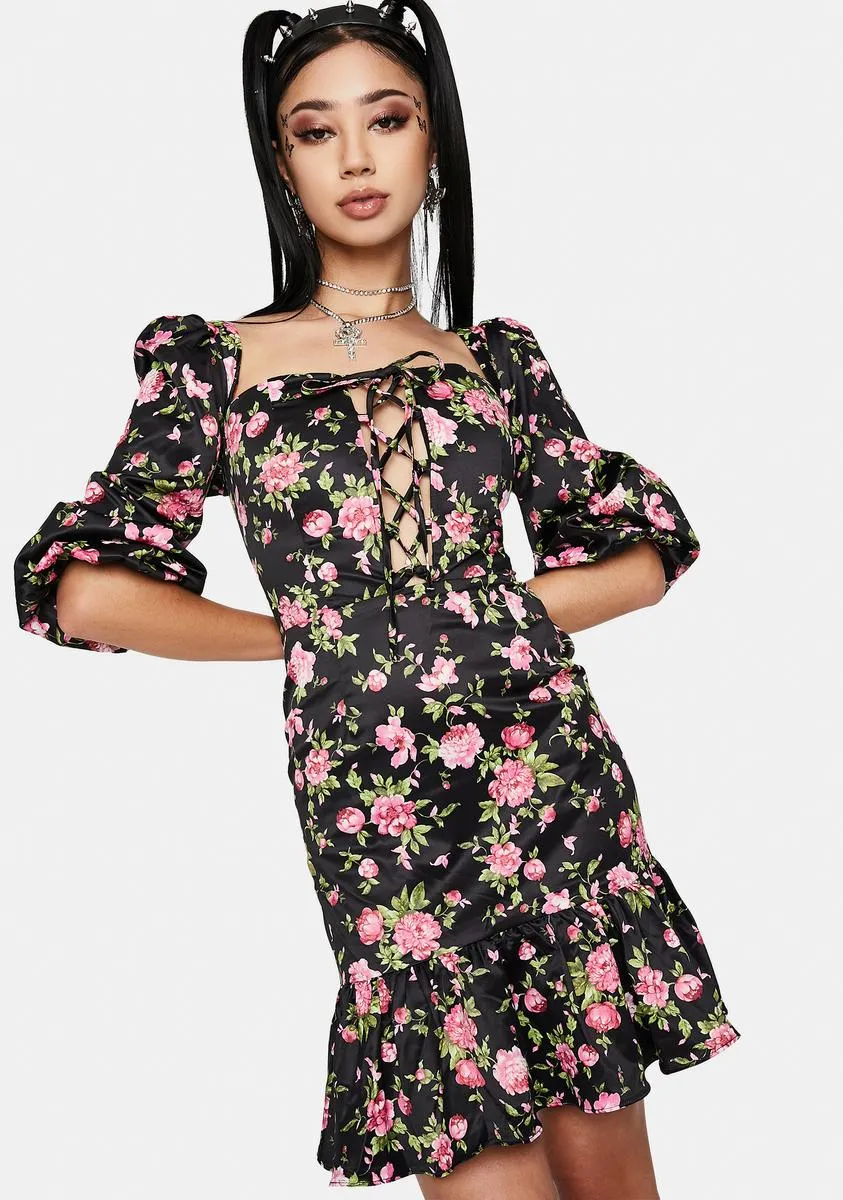 Floral Peplum Hem Milkmaid Dress sold by Dolls Kill