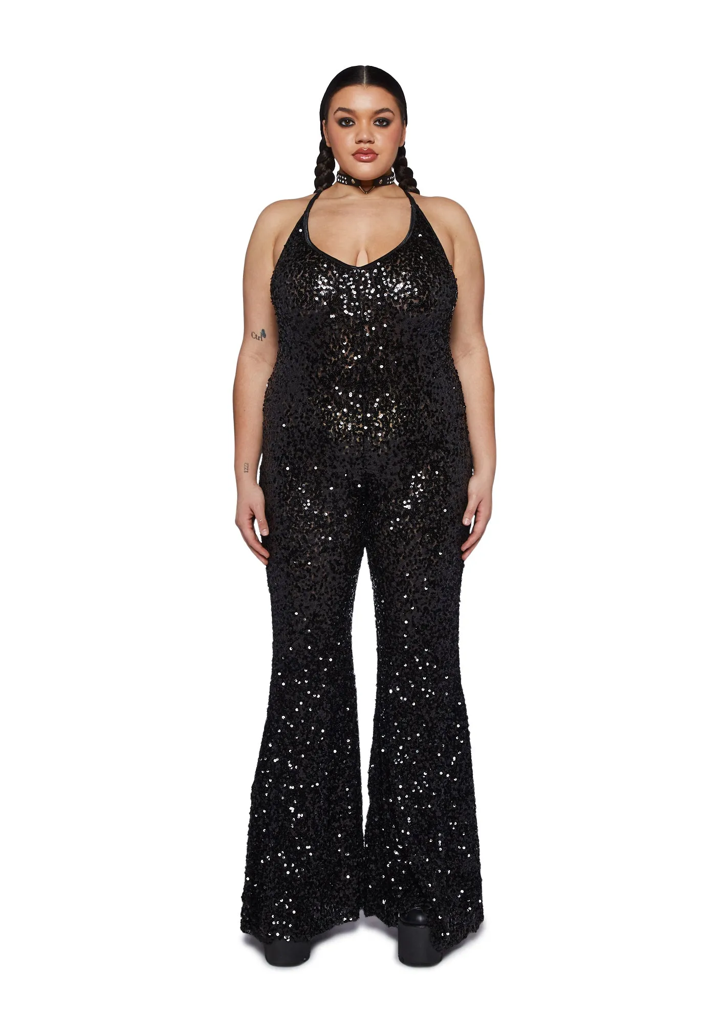 Plus Sparkle Nights Sequin Jumpsuit- Black sold by Dolls Kill