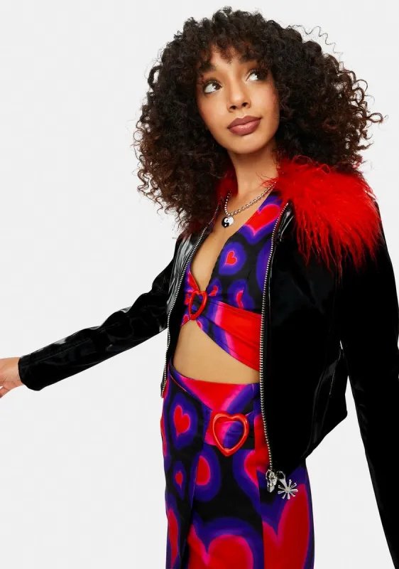 Show Stopping Smiles Vinyl Marabou Trim Jacket sold by Dolls Kill