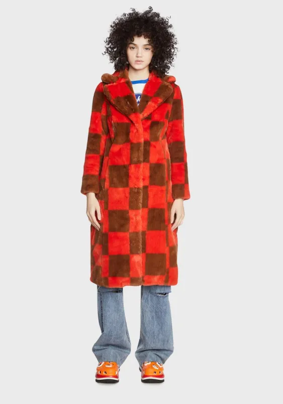 Checkerboard Kai Faux Fur Coat sold by Dolls Kill