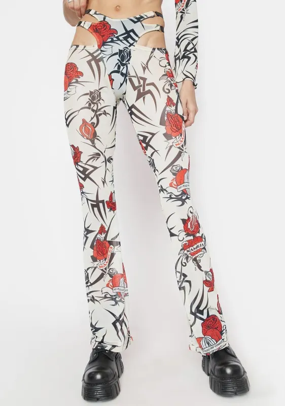 Beige Tattoo Rose Speed Racer Mesh Pants sold by Dolls Kill
