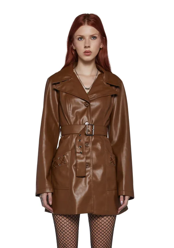 Rendezvous Vegan Leather Trench Coat - Brown sold by Dolls Kill