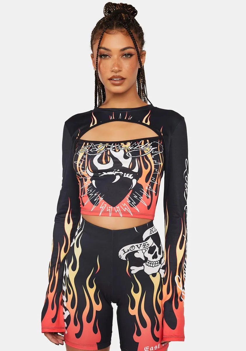 Fire Heart Long Sleeve Crop Top sold by Dolls Kill