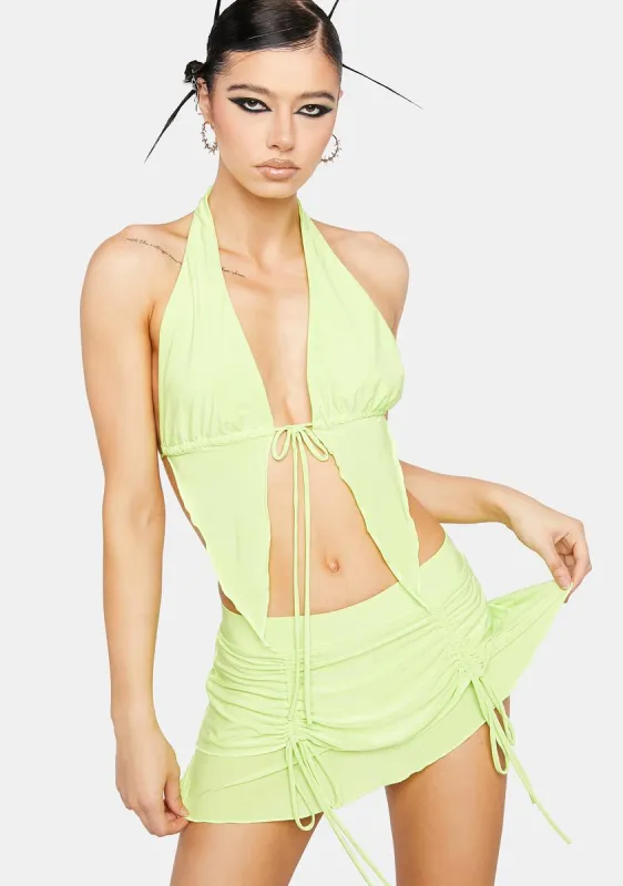 Lime Go All Night Ruched Skirt Set sold by Dolls Kill