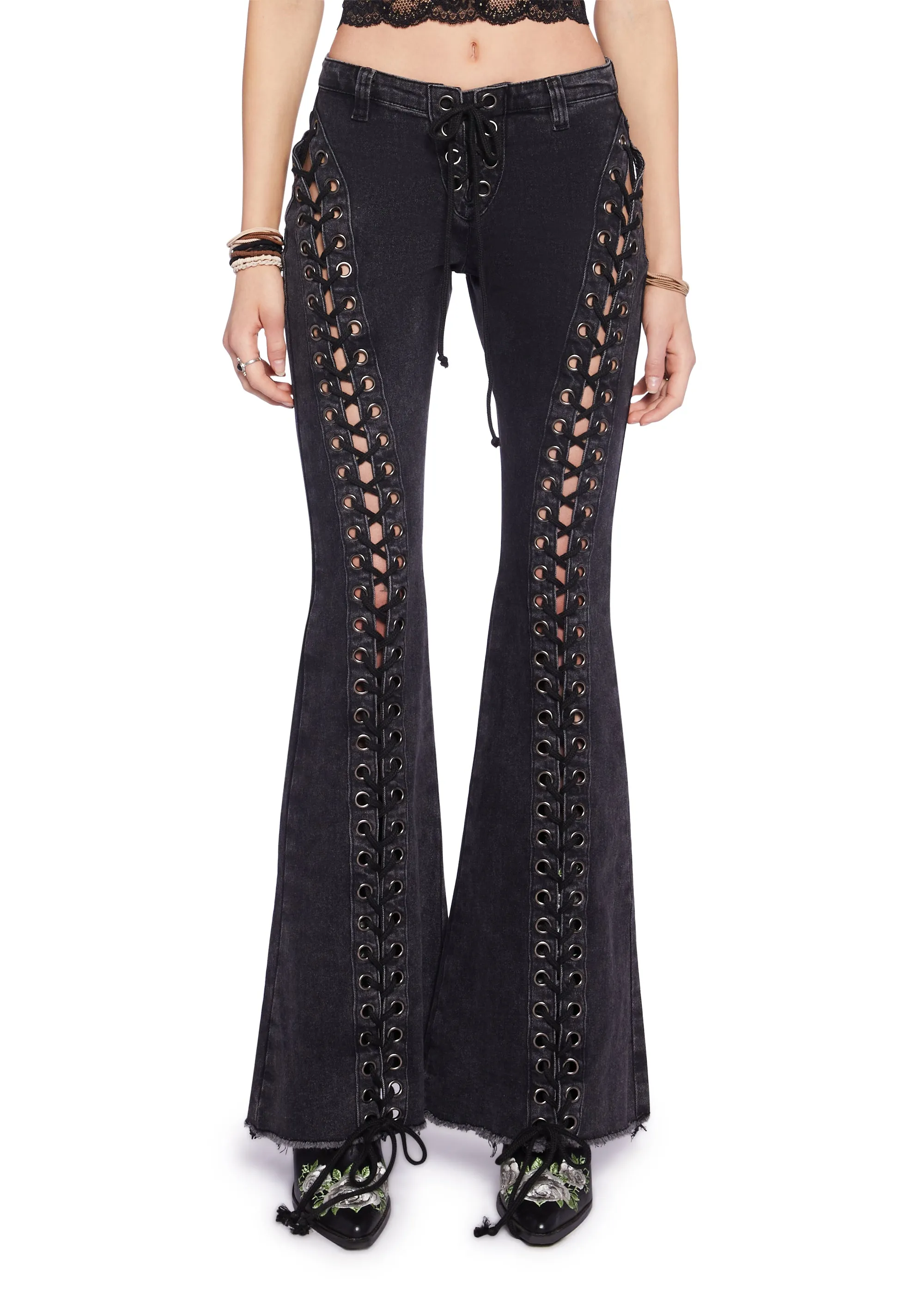 Wild Wanderer Flare Jeans - Black sold by Dolls Kill