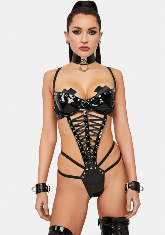 On The Run Lace Up Vinyl Teddy sold by Dolls Kill