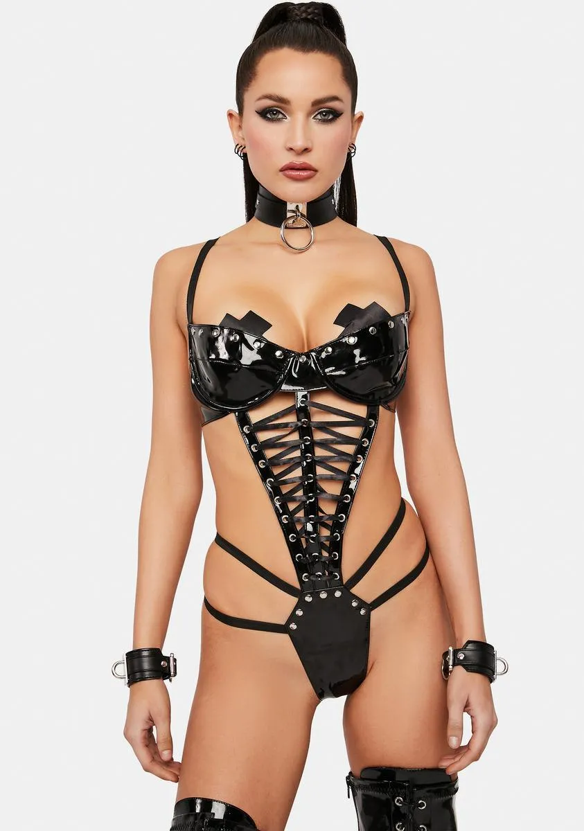 On The Run Lace Up Vinyl Teddy sold by Dolls Kill