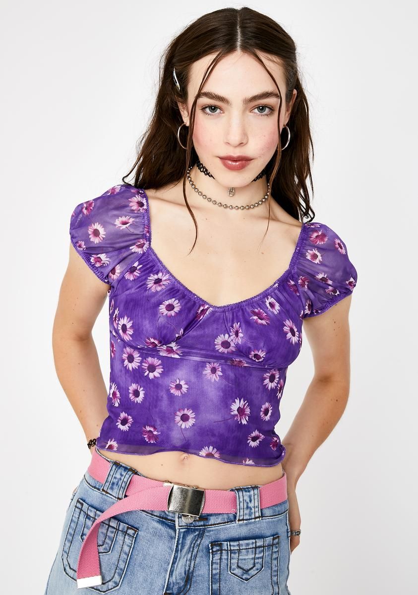 Purple Daisy Glasty Crop Top sold by Dolls Kill