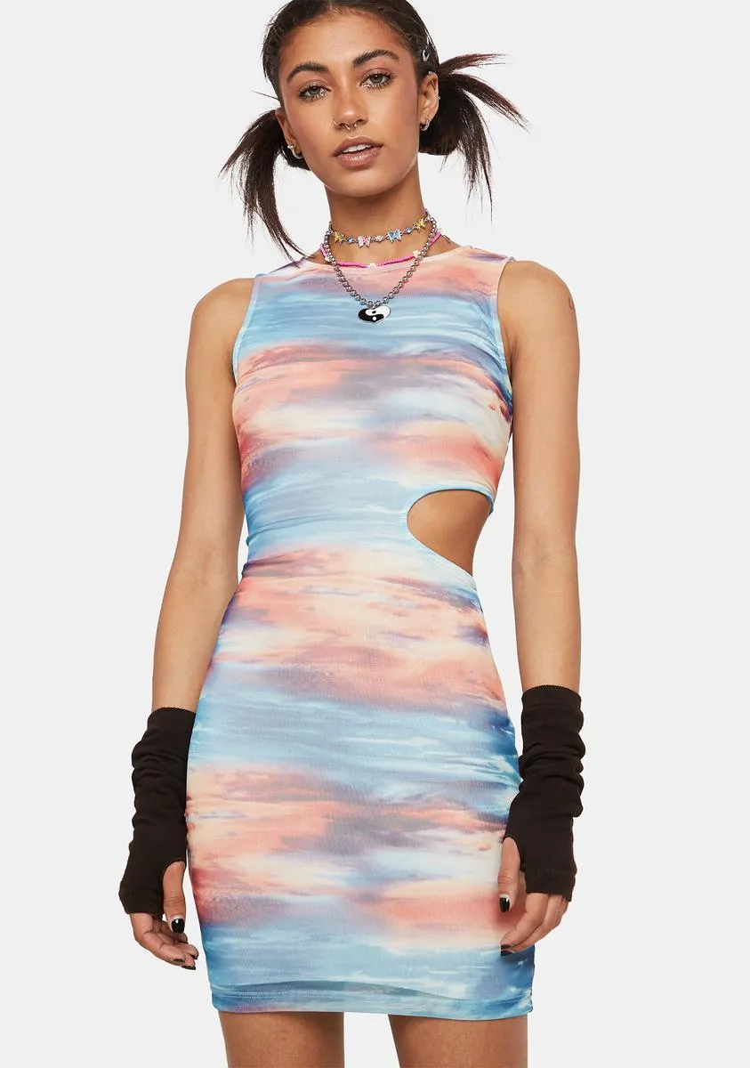 Sunset Print Cut Out Mesh Mini Dress sold by Dolls Kill