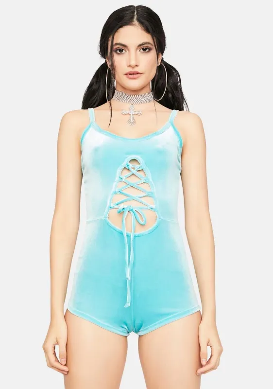 Aqua Changing Perspectives  Velour Lace Up Romper sold by Dolls Kill