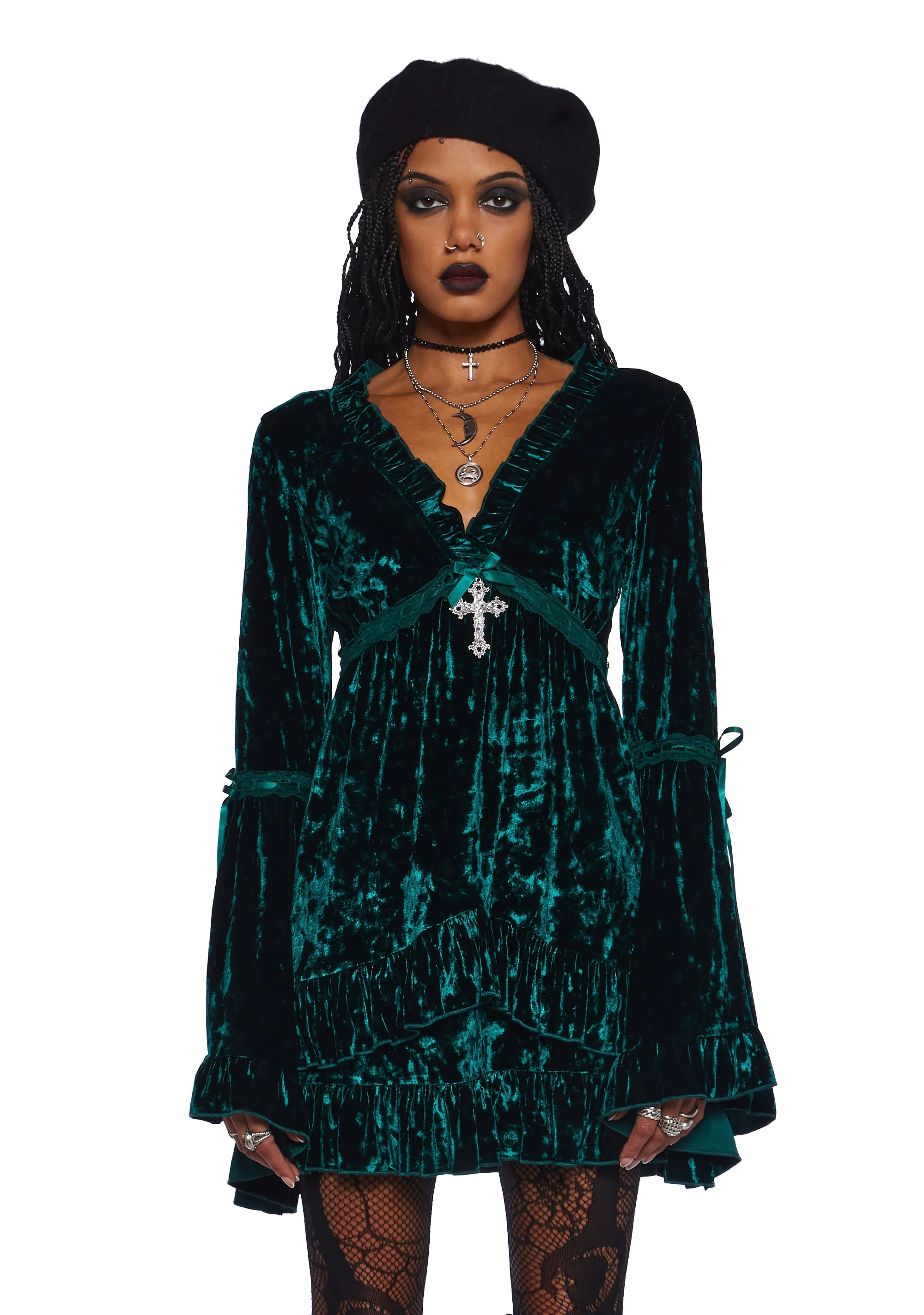 Real Divinity Mini Dress - Emerald Velvet sold by Dolls Kill
