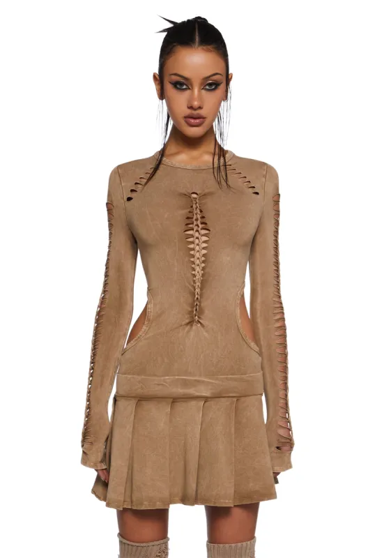 Into It Shredded Mini Dress - Gold sold by Dolls Kill