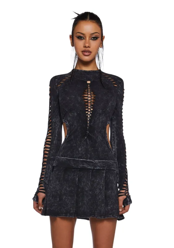Into It Shredded Mini Dress - Black sold by Dolls Kill