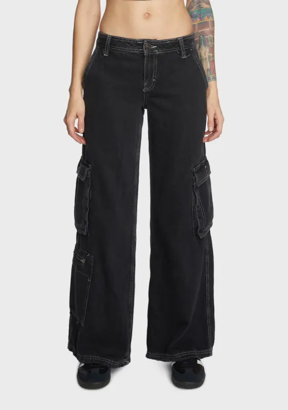 Low Rise Puddle Cargo Jeans - Black sold by Dolls Kill