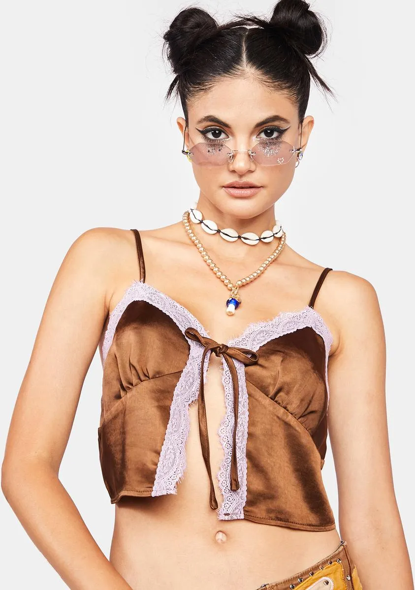 Satin Chocolate Yanaka Crop Top sold by Dolls Kill