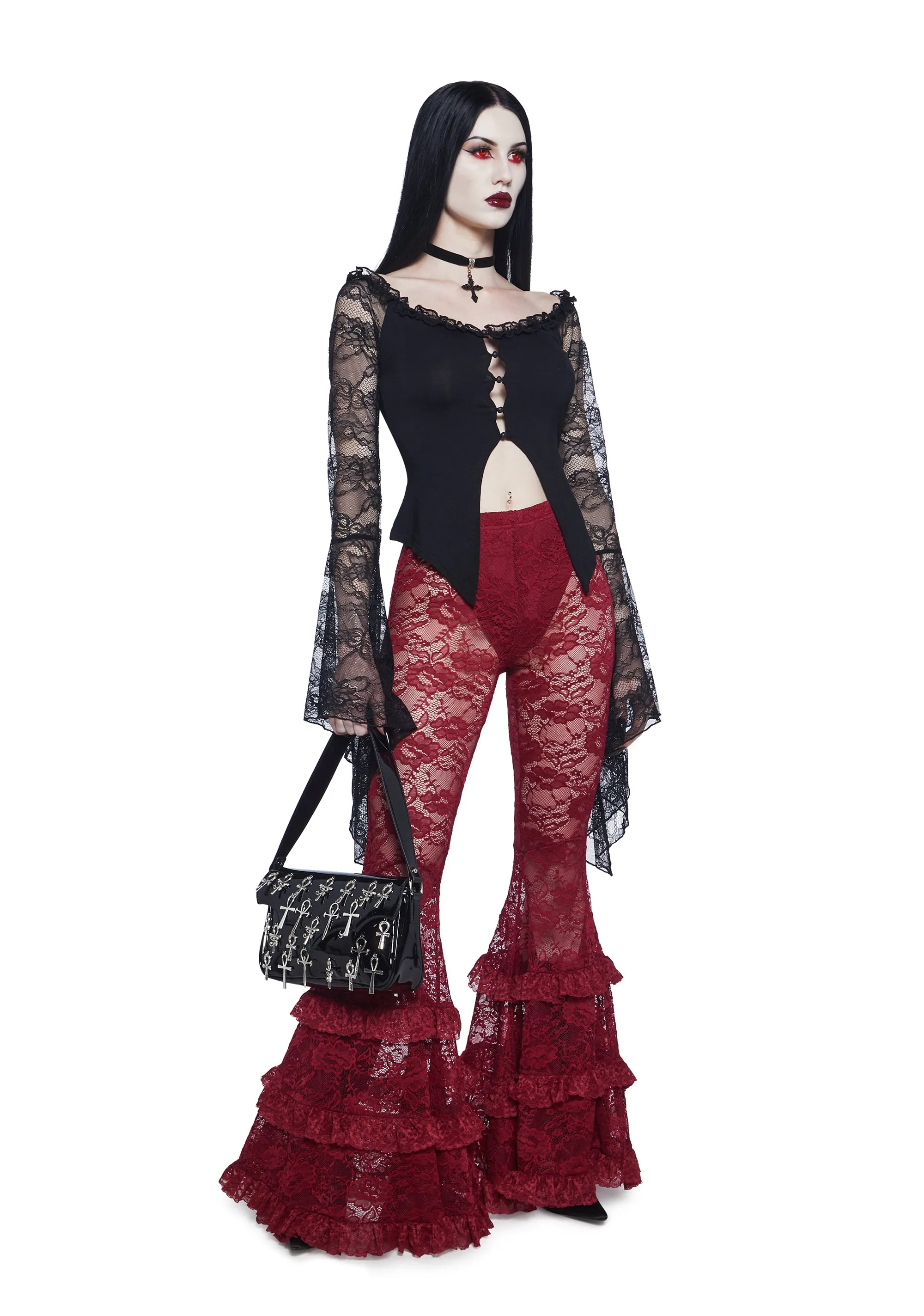 Crimson Lust Flare Pants - Dark Red sold by Dolls Kill product image thumbnail 2