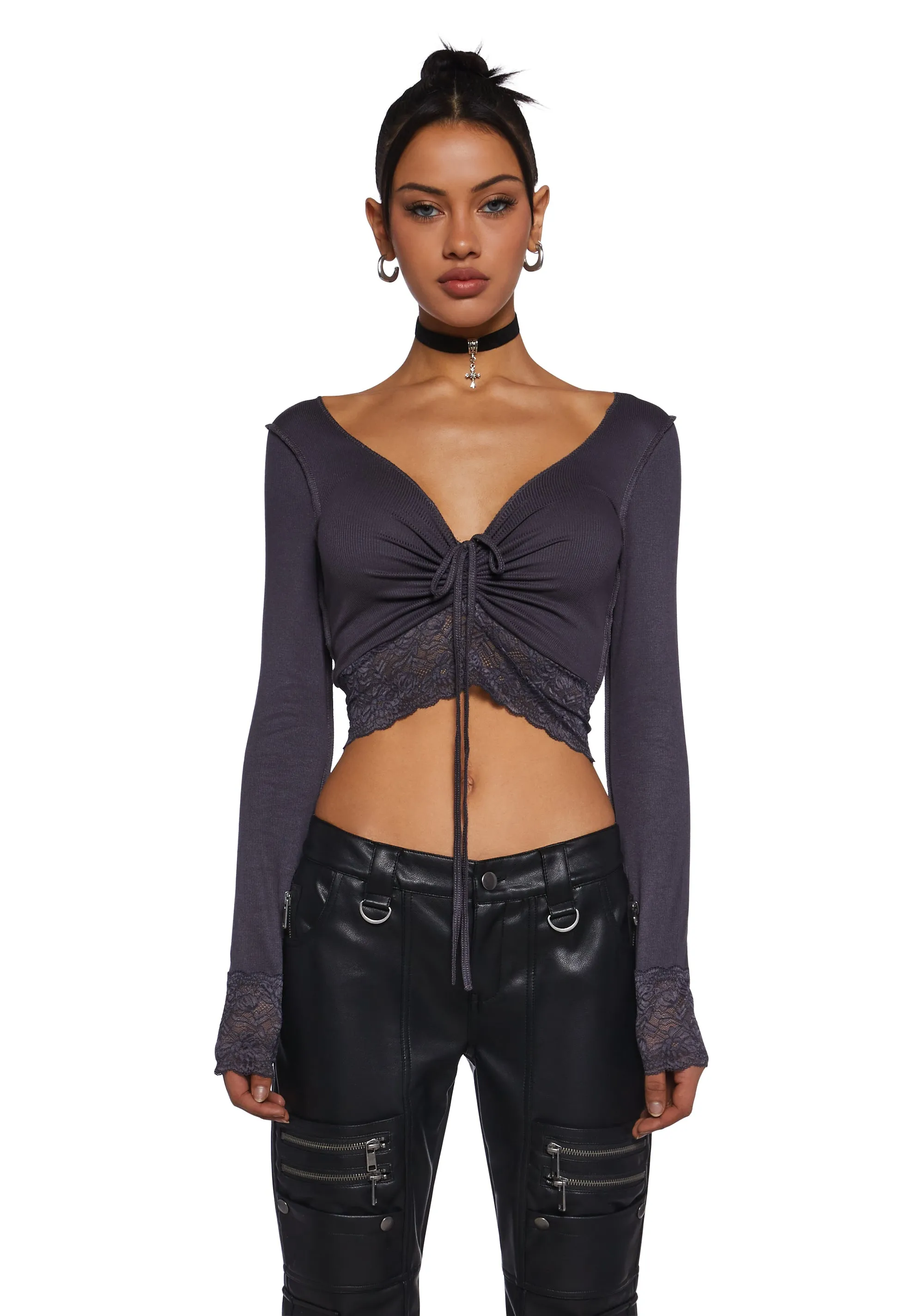 Snap Back Long Sleeve Top - Gray sold by Dolls Kill