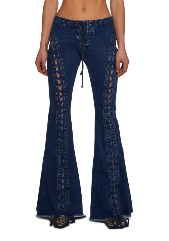 Wild Wanderer Flare Jeans - Blue sold by Dolls Kill