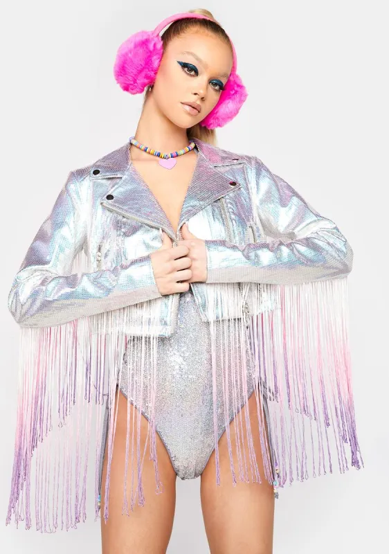 Drop The Bass Fringe Sequin Moto Jacket sold by Dolls Kill