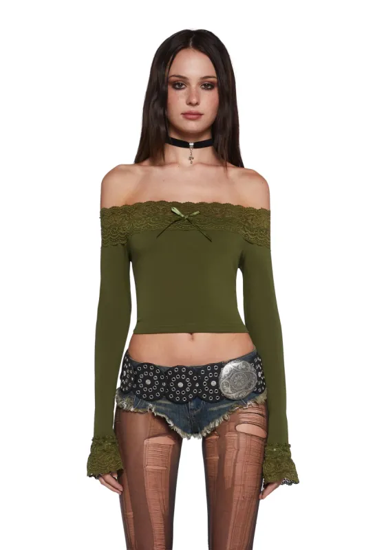Flirt Expert Off The Shoulder Top - Green sold by Dolls Kill