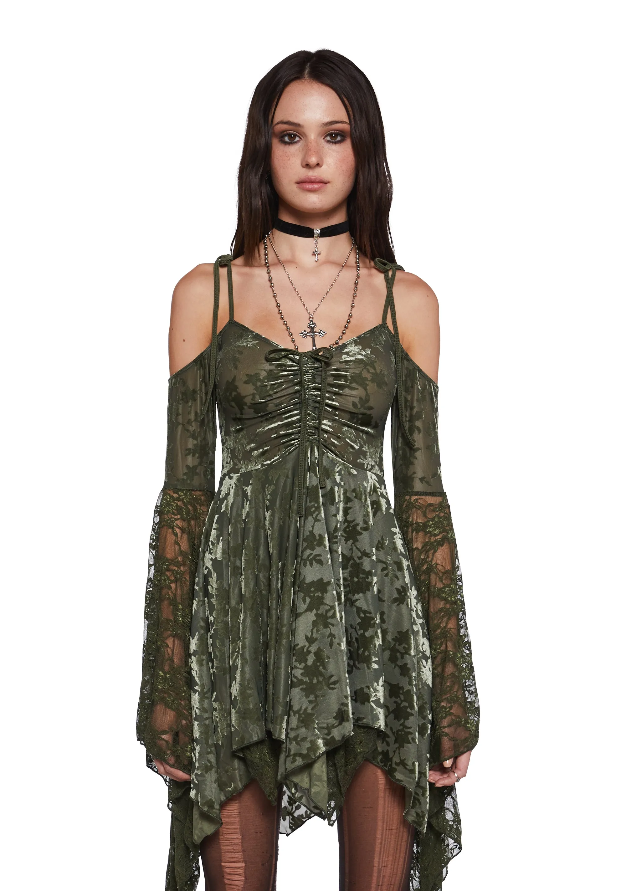 F is For Fairies Handkerchief Dress - Green Velvet Lace sold by Dolls Kill